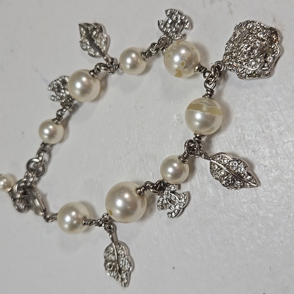 Chanel Crystal & Faux Pearl Silver Tone Charm Bracelet - Picture 1 of 9